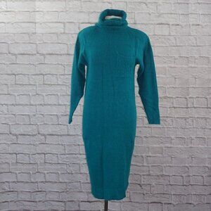 Vintage 90s Teal Lambswool Angora Turtleneck Sweater Dress